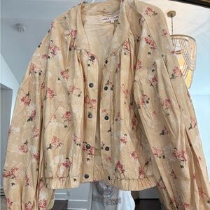 Free People Beige Floral Bomber Jacket with Pink Roses